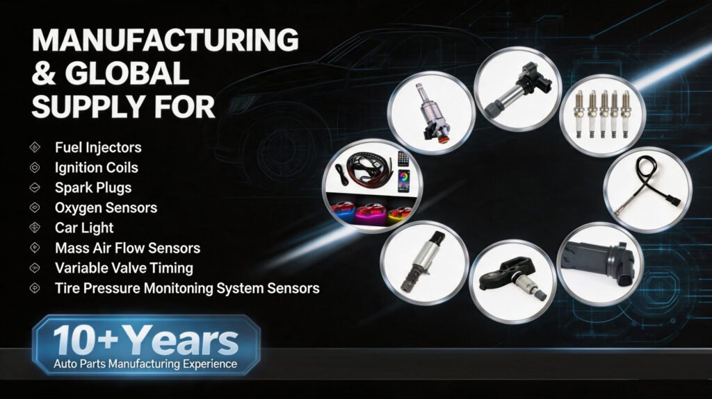 Auto parts manufacturer and wholesale supplier - fuel injectors, ignition coils, spark plugs, oxygen sensors, car lights, mass air flow sensors, VVT solenoids, TPMS sensors